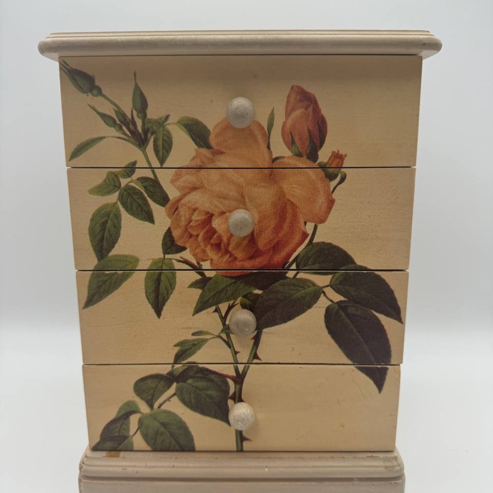 VINTAGE SOLID WOOD FLORAL SIX DRAWER JEWELRY BOX w MIRROR